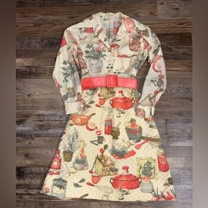 Vintage Serbin Muriel Ryan Kitchen Novelty Print Shirtwaist Dress Coral Belt